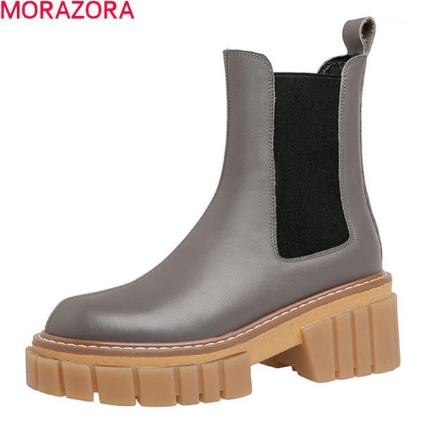 

morazora 2020 genuine leather boots square heels round toe autumn winter ladies shoes fashion slip-on round toe ankle boots1, Black