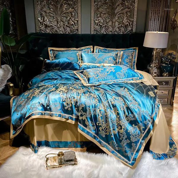 

malachite blue silk cotton bedding set jacquard duvet cover flat sheet pillowcase1