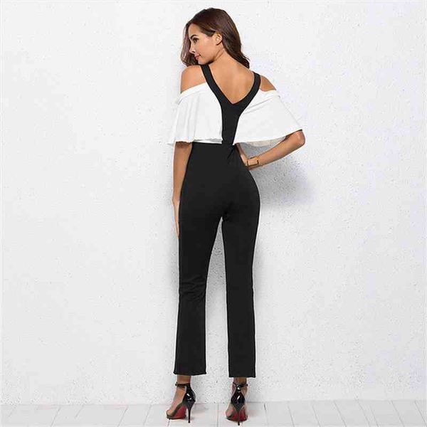 

ruffle jumpsuit women rompers off shoulder v neck slim summer jumpsuit office work wear elegant ladies party, Black;white