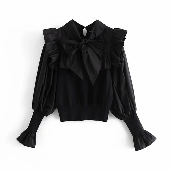 

new white crop women 2021 ruffle patchwork knit puff long sleeve female spring fashion bow elegant woman blouses e9x4