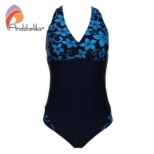 

andzhelika women swimwear one pieces swimsuits pint floral patchwork solid high waist bathing suits plus size swimwear 8285-11, White;black