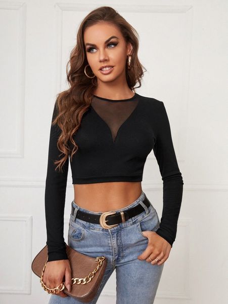 

tall mesh insert ribbed knit crop h4xz#, White