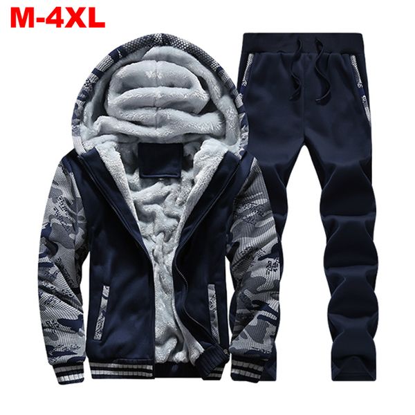 

2021 new 2 pieces sweatsuit men thick fleece lined hoodie sweatpant sets male casual tracksuit zipper jacket hooded warm men's sport su, Gray