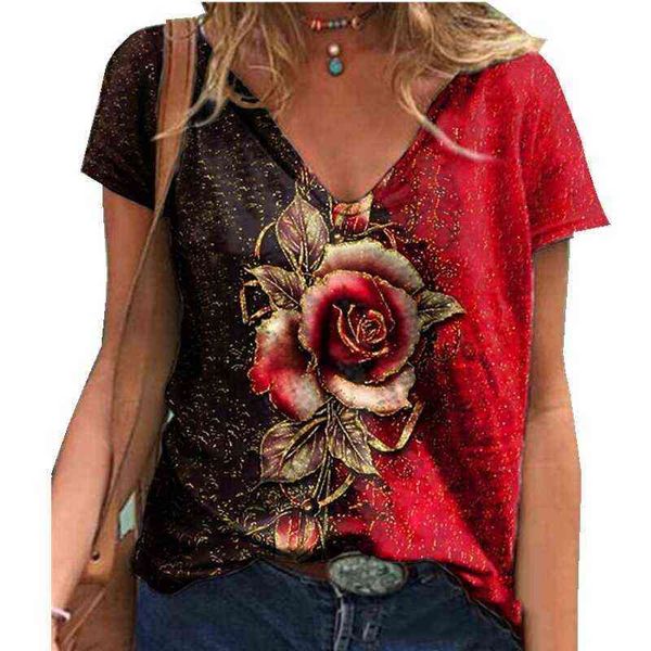 

v-neck 2021 summer 3d rose short sleeve loose t-shirt blouse, White