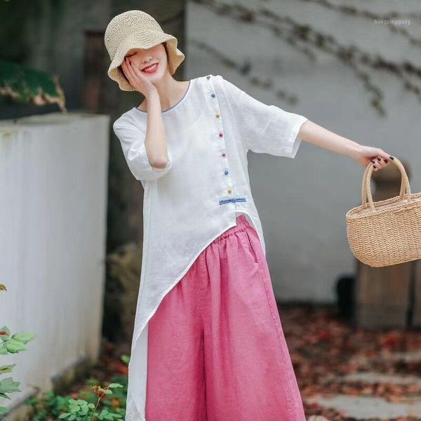 

summer new literary retro shirt buckle irregular ramie solid color tuxedo personality female1, White