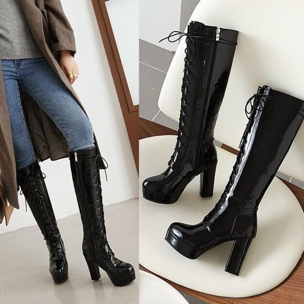 

autumn winter new style fashion high heels knee-length boots thick heel lace locomotive women's boots plus size 34-47 high 10cm, Black