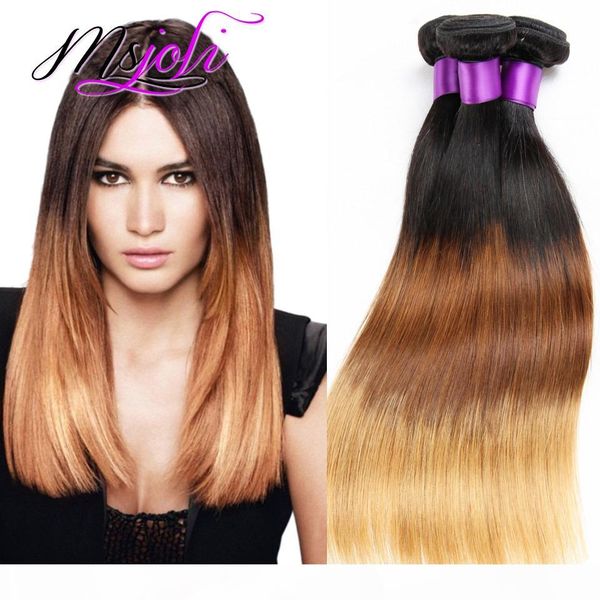 

9a ombre color three tones straight brazilian virgin human hair unprocessed hair extension weft three pcs t1b-4-27, Black