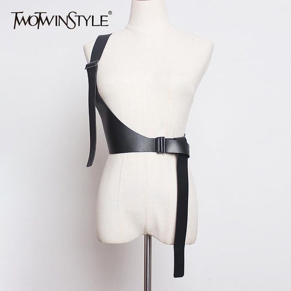 

twotwinstyle black patchwork plastic pu leather belt women lace up adjustable accessories belts female fashion autumn new 2020, Black;brown
