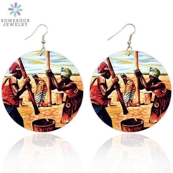 

somesoor черный farmer afro этнический художественный вуд падение серьги с обеих сторон печать трудолюбия женщина африканский мотаться подар, Silver