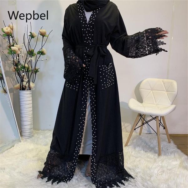 

wepbel middle east women muslim cardigan fashion bead stitching lace muslim dress pocket arab abaya long sleeve robe, Red
