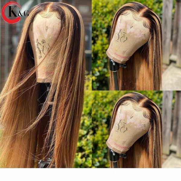 

kungang highlight t-part middle part lace front human hair straight 150% density lace wigs with baby hair ratio non-remy, Black;brown