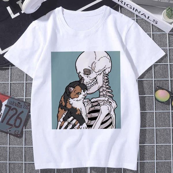 

femal t-shirt cartoon kawaii fashion t shirt tshirt clothes fun horro skull and cute cat women harajuku short sleeve tee, White