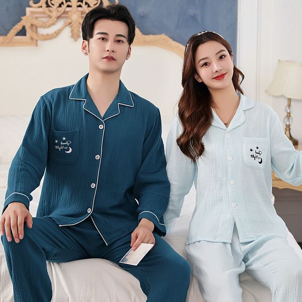 

couple double layer pure cotton gauze long sleeve sleep pants men pajamas sets household clothes satin set pijamas, Black;brown