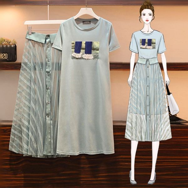 

mlk0m large 98sp7 women's slightly dress sister 2020 summer new suit style slimming fat age-reducing heart-covering dress two-piece wes, Gray
