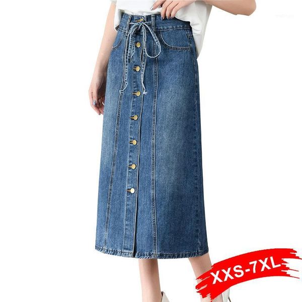 

plus size drawing waist button up long jeans skirts 3xl 5xl spring front buttons a-line calf length casual denim skirt maxi1, Black