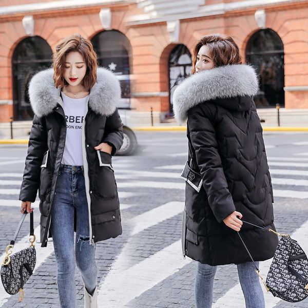 

2020 fashion long winter coat women clothing fashion pockets hooded parkas slim with fur collar warm winter jacket women, Black