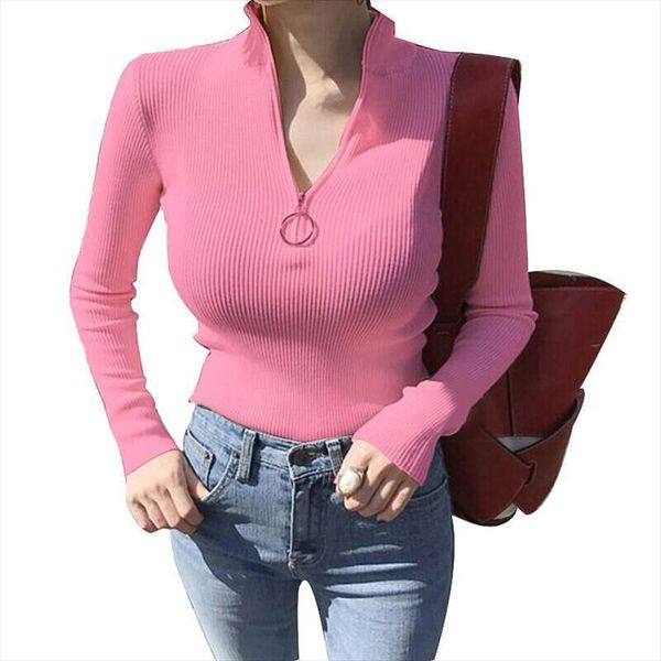 

autumn new turtleneck sweater women fashion winter solid color round circle zipper jumpers elastic knitted pullovers knitwear, White;black