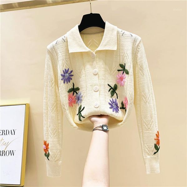 

women's knits & tees hand studded embroidered floral hollow lapel knitted cardigan coat women's 2021 autumn and winter all-match k, White