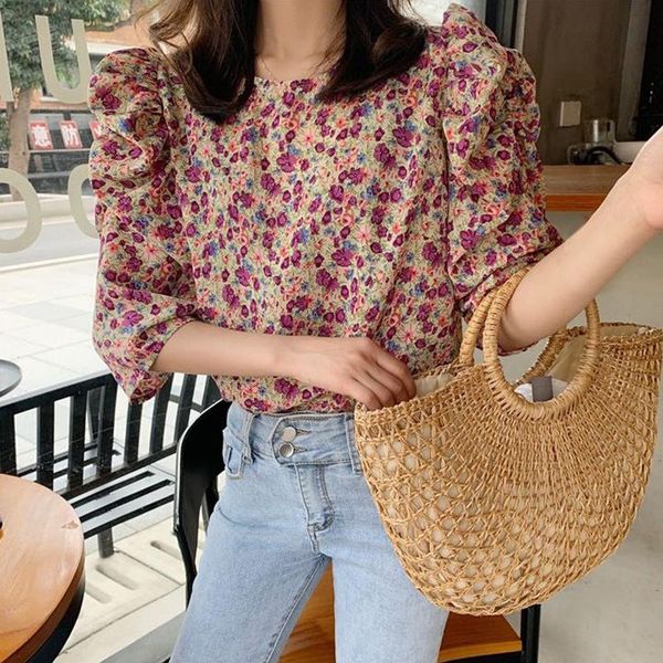 

summer women casual puff sleeves o-neck floral print shirt fashion sweet girls chiffon and blouse, White