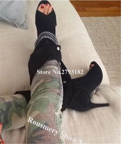 

boots western fashion peep toe suede leather stiletto heel mid-calf gladiator straps cross high long dress shoes1, Black