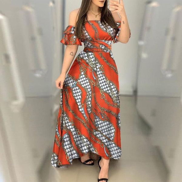 

women off shoulder chains print shirring design ruffles maxi dress elegant party dress celebrity evening party dress, Black;gray
