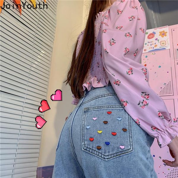 

joinyouth embrodery heart wide leg pants vintage streetwear woman jeans high waist straight trousers korean chic pantalon 7b466, Blue