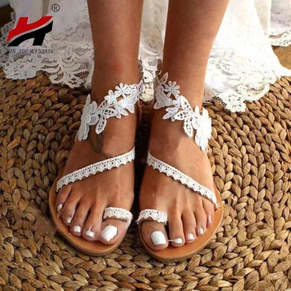 

sandals nan jiu mountain summer women's flat solid color lace open toe wedding plus size 34-431, Black