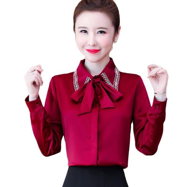 

women's blouses & shirts fashion diamonds bow lace-up chiffon blouse women long sleeve korean office silk plus size, White
