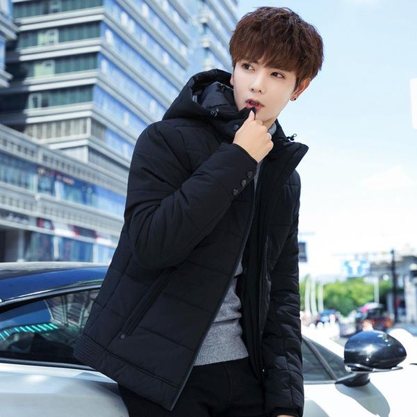 

men's wool & blends autumn winter style men hooded solid color thick down jacket cotton-padded clothes large size casual versatile cott, Black