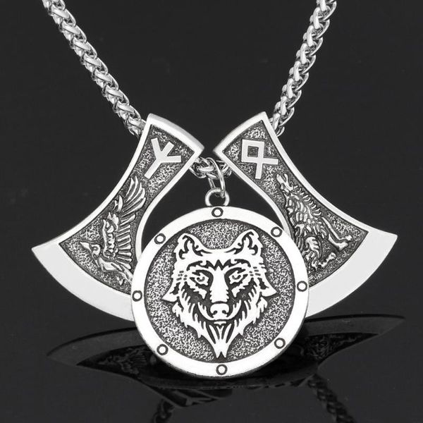

pendant necklaces men viking nordic odin's wolf and raven rune necklace, Silver
