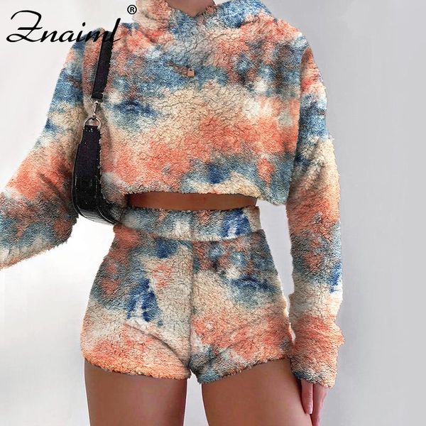 

women's tracksuits znaiml autumn suits women velvet plush hooded sports sweatshirts and high waist shorts casual tie-dye long sleeve tw, Gray