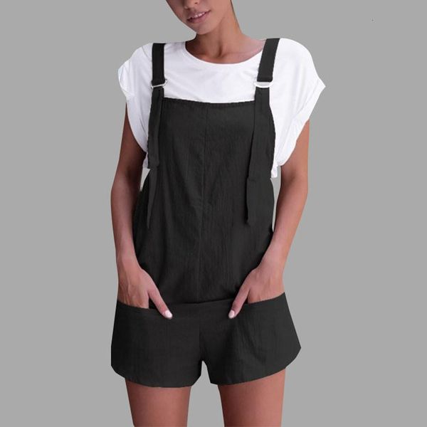 

doudoulu women loose solid jumpsuit dungarees linen cotton pockets rompers womens jumpsuit playsuit shorts pants #30, Black;white