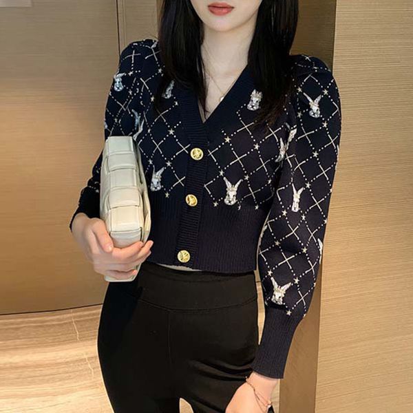 

jackets v neck white rabbit pattern gold buckle waist short high waist slim professional sweater elastic ladies knitted casual coat s, Black;brown