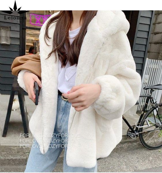 

leiouna long sleeve loose zipper vintage fashion faux fur coat winter women casual hooded winter jacket female feminino outwears, Black