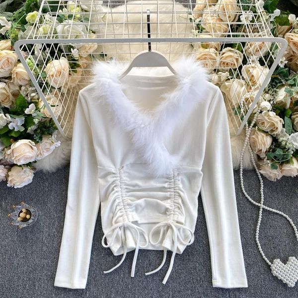 

luxurious and chic fur decorated v-neck long sleeve t-shirt women ruched drawstring waist, White