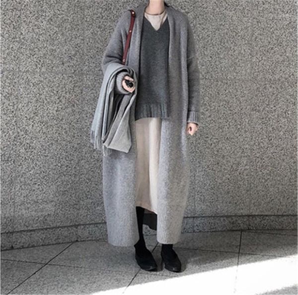

korean fashion 2020 spring new products fashion solid color loose long knee-length cardigan sweater coat female long pz31071, White