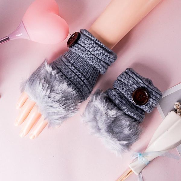 

five fingers gloves winter half-finger women cute buttons solid colors furry girl heart mittens warm comfortable fashion, Blue;gray