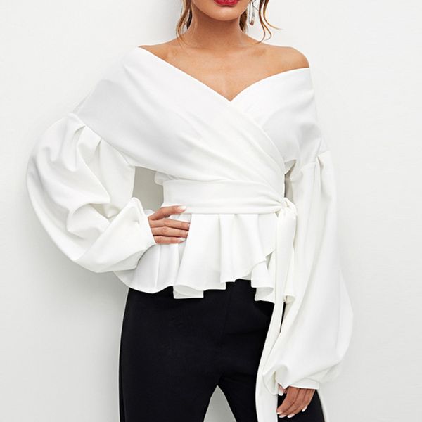 

2021 new plus size white elegant lantern sleeve surplice peplum off the shoulder solid blouse autumn women and blouses vnov