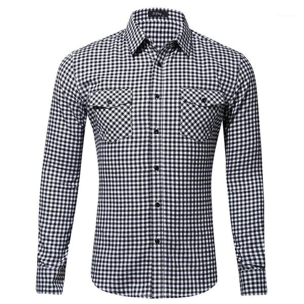 

muqgew 2019 fashion plaid shirt slim fit mens casual fashion long sleeved shirt double pocket little plaid printing shirt#g41, White;black