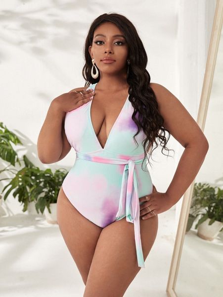 

plus tie dye criss cross one piece swimsuit j25e#, Black