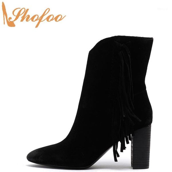 

black woman ankle boots high chunky heels round toe booties zip large size 13 16 ladies fashion fringe mature shoes shofoo1