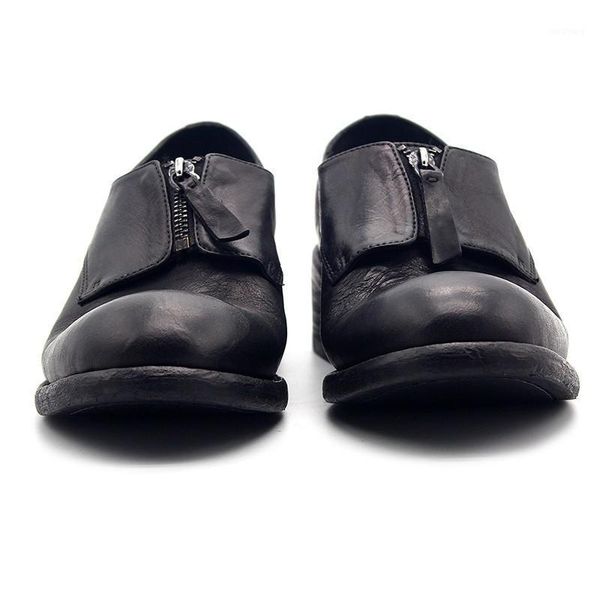 

italy retro runway mens cowhide genuine leather shoes zipper round toe block med heels work safety shoes handmade dress1, Black
