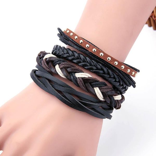 

4 pcs/set men bracelet cow leather casual bangles multilayer braided wristband hsj88, Golden;silver