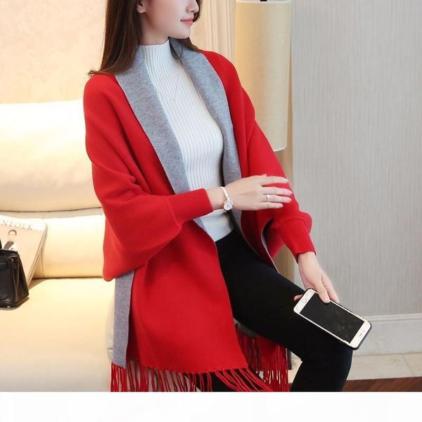 

tryeverything knitted tassel long cardigan female patchwork scarf collar 2017winter women ponchos and capes with batwing sleeves, White;black