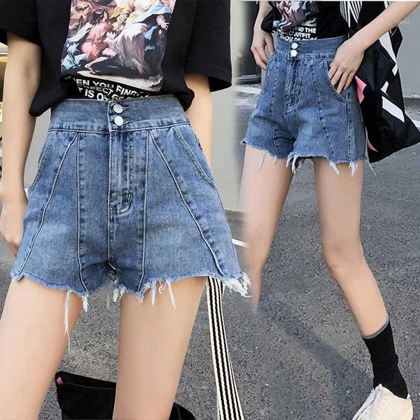 

female stitching jeans korean denim shorts jeans wild high waist pants slim women summer1, Blue
