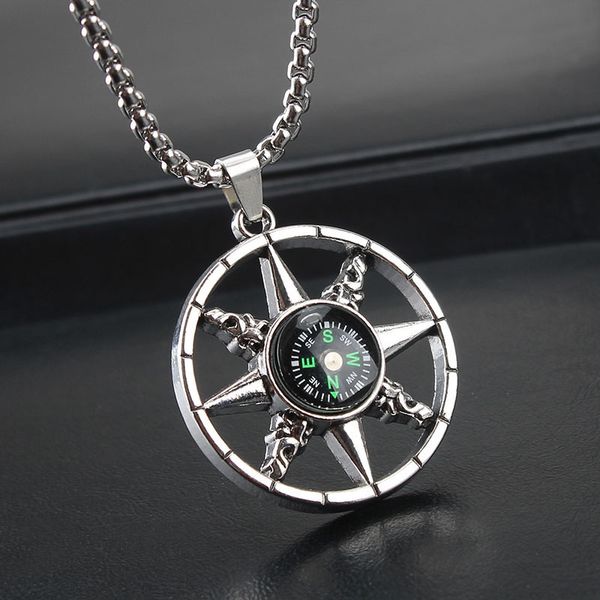 

compass necklace pendant for men and women versatile personality fashion cool sweater chain hip hop accessories, Silver