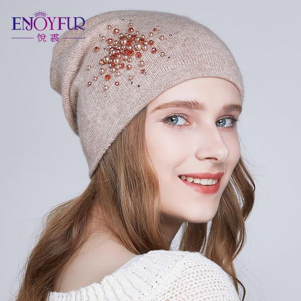 

enjoyfur winter knitted hats for women warm lining rhinestons beanies hat female brand new good quality angora wool caps, Blue;gray