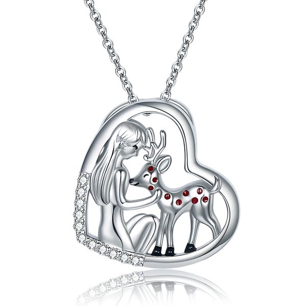 

925 sterling silver lovely animal heart deer with girls pendant necklace fashion jewelry christmas day gift for women girls 18" q0531