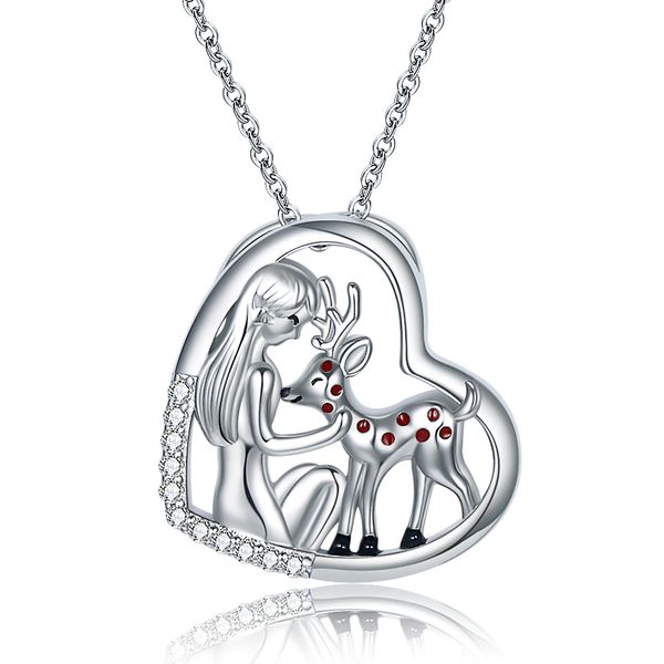 925 Sterling Silver Lovely Animal Heart Deer con ragazze Collana a sospensione Gioielli Fashi