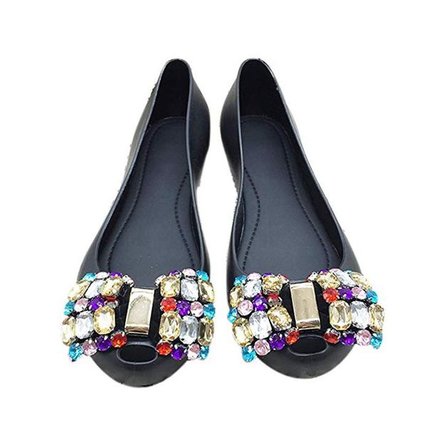 

women flats summer pee toe bling rhinestone bowknot flat ballet flats slip on outdoor beach casual women jelly shoes, Black